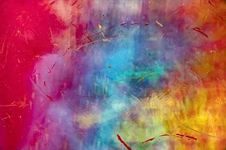 Abstraktes Gemälde mit leuchtenden Farben wie Pink, Lila, Gelb und Blau.