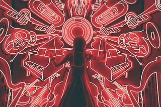 Abstrakte, leuchtende Neongrafik einer Musikerin, die von Instrumenten umgeben ist.